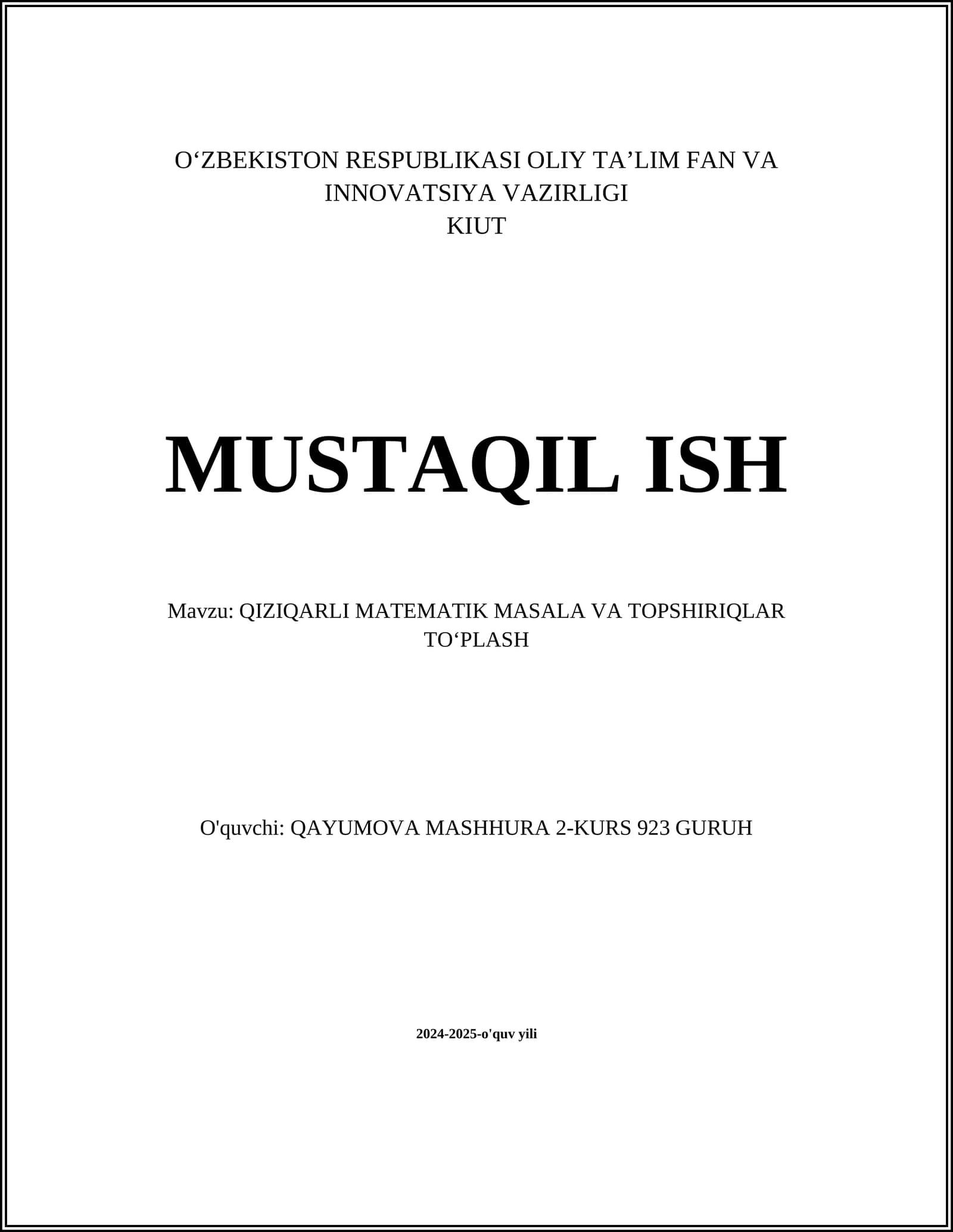 QIZIQARLI MATEMATIK MASALA VA TOPSHIRIQLAR TOʻPLASH