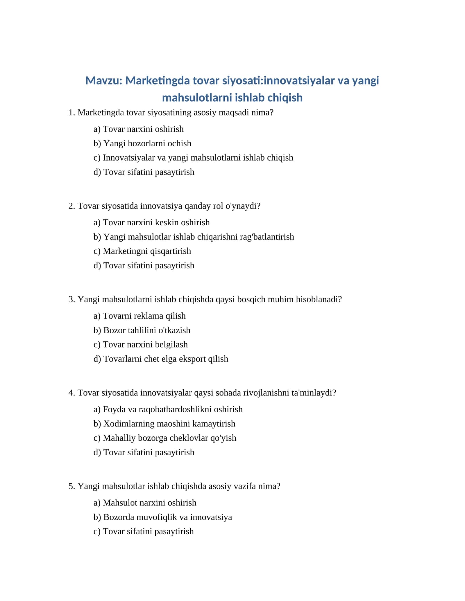 Marketingda tovar siyosati:innovatsiyalar va yangi mahsulotlarni ishlab chiqish