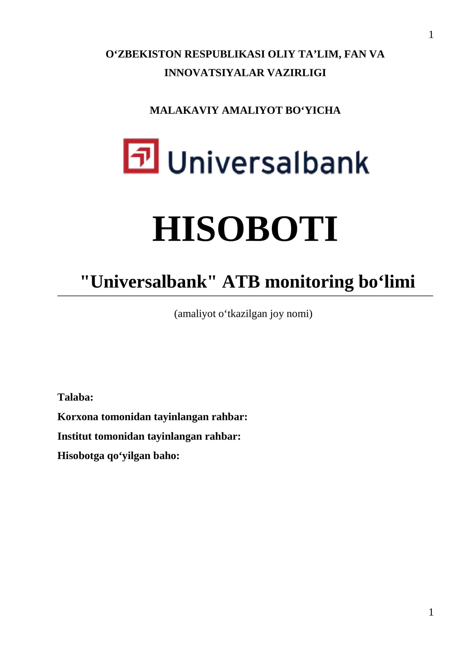 Amaliyot hisoboti "Universalbank" ATB monitoring boʻlimi