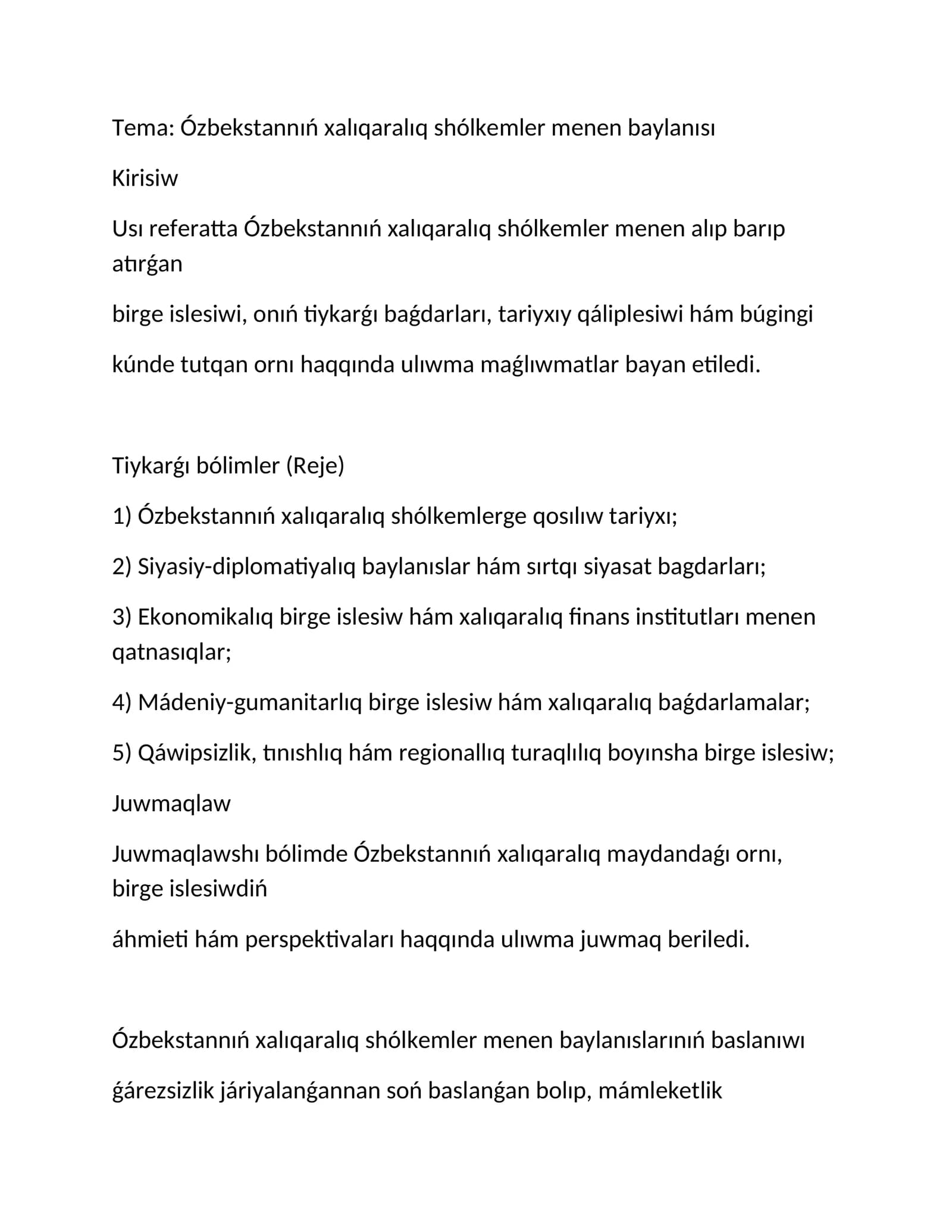 Ozbekstan xalq araliq sholkemler menen baylanisi referat