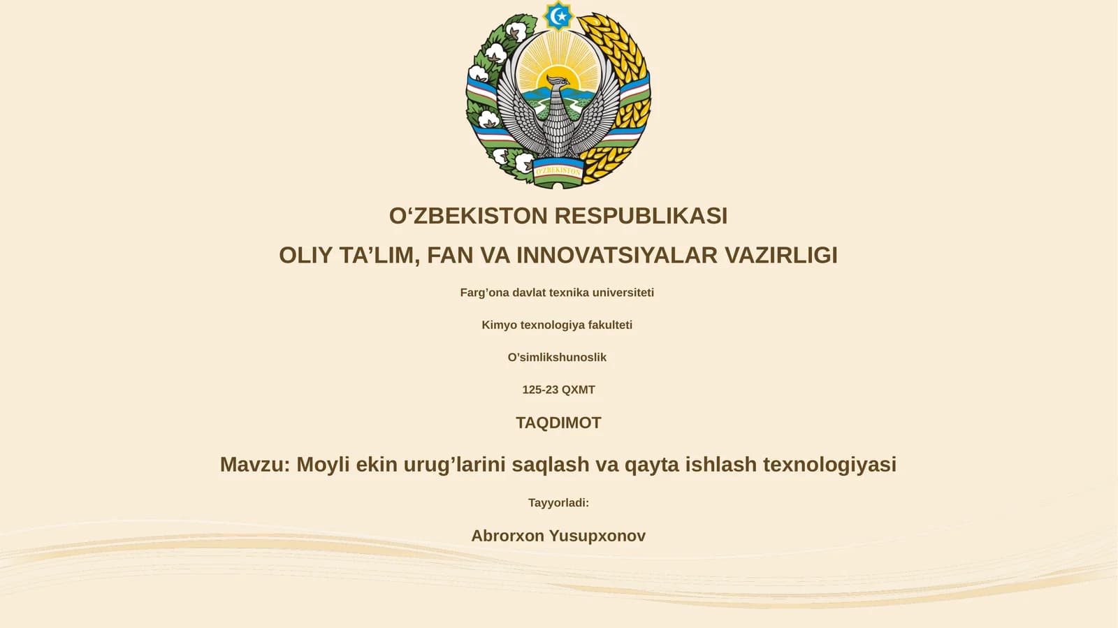 Moyli ekin urug’larini saqlash va qayta ishlash texnologiyasi