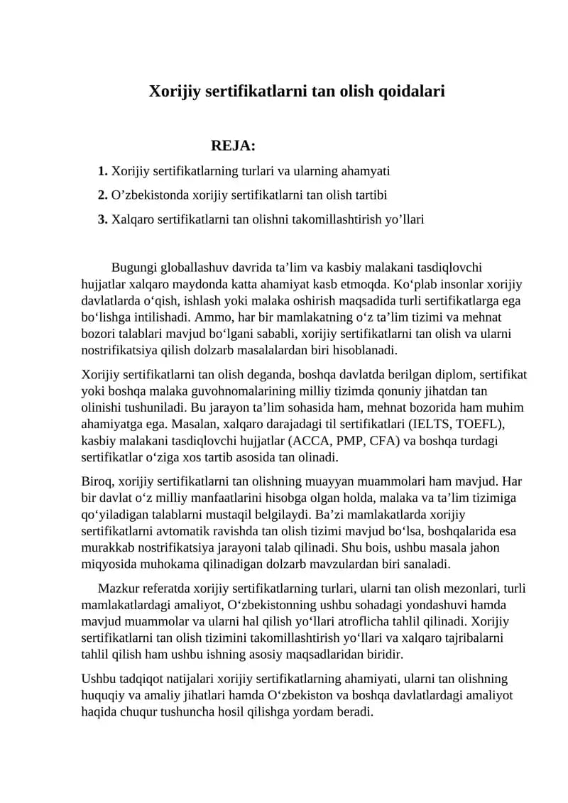 Xorijiy sertifikatlarni tan olish qoidalari
