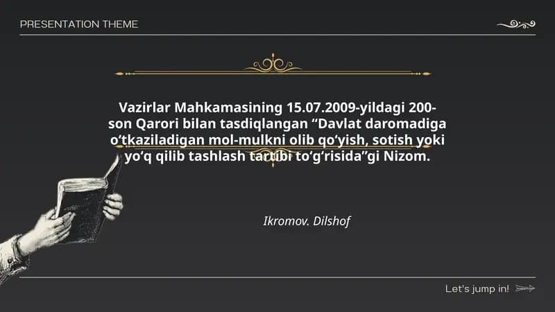Davlat daromadiga oʻtkaziladigan mol-mulkni olib qoʻyish, sotish yoki yoʻq qilib tashlash tartibi toʻgʻrisida Nizom