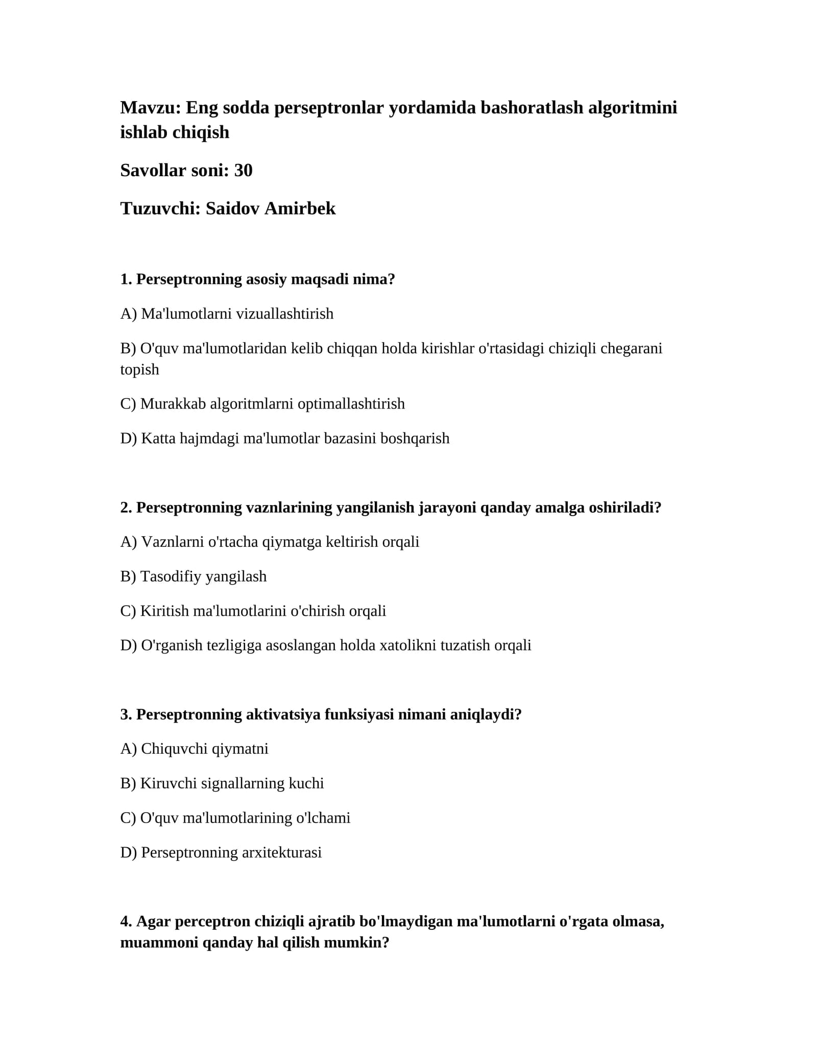 Eng sodda perseptronlar yordamida bashoratlash algoritmini ishlab chiqish
