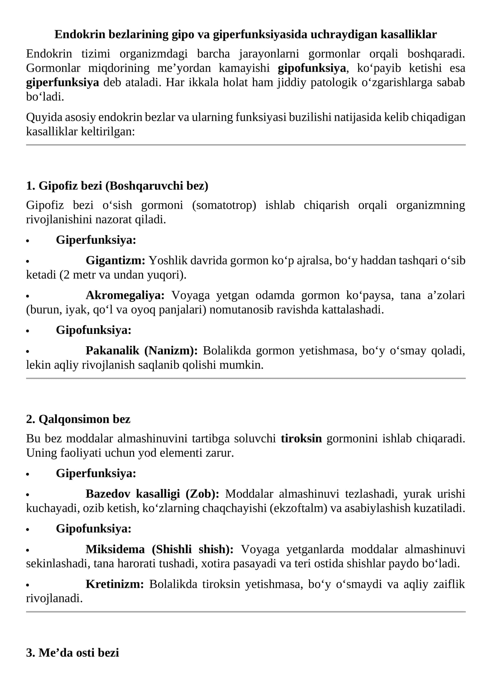 Endokrin bezlarining gipo va giperfunksiyasida uchraydigan kasalliklar
