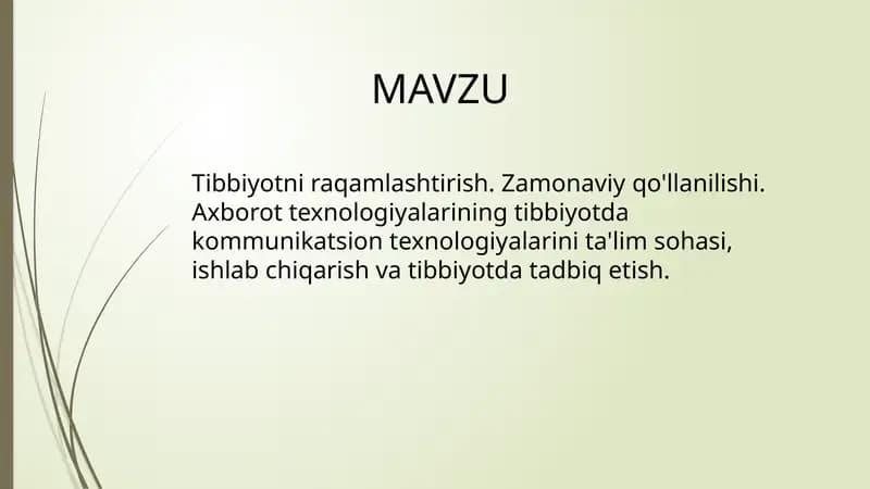 Tibbiyotni raqamlashtirish. Zamonaviy qo'llanilishi. Axborot texnologiyalarining tibbiyotda kommunikatsion texnologiyalarini ta'lim sohasi, ishlab chiqarish va tibbiyotda tadbiq etish