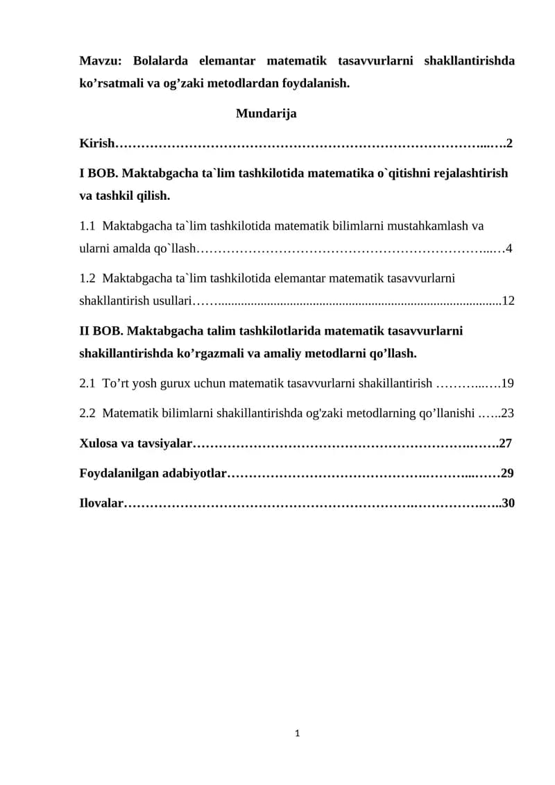 Bolalarda elemantar matematik tasavvurlarni shakllantirishda ko’rsatmali va og’zaki metodlardan foydalanish