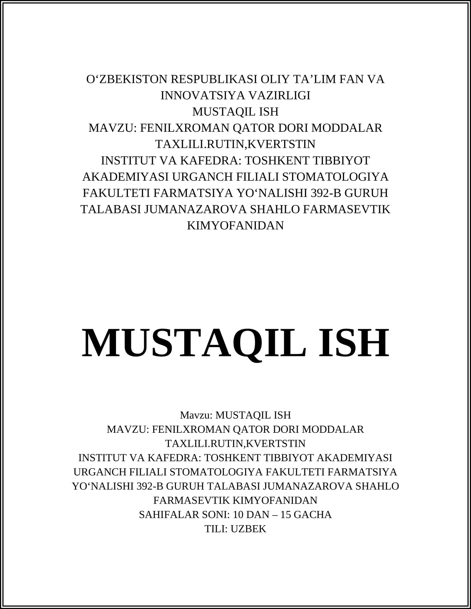FENILXROMAN QATOR DORI MODDALAR TAXLILI