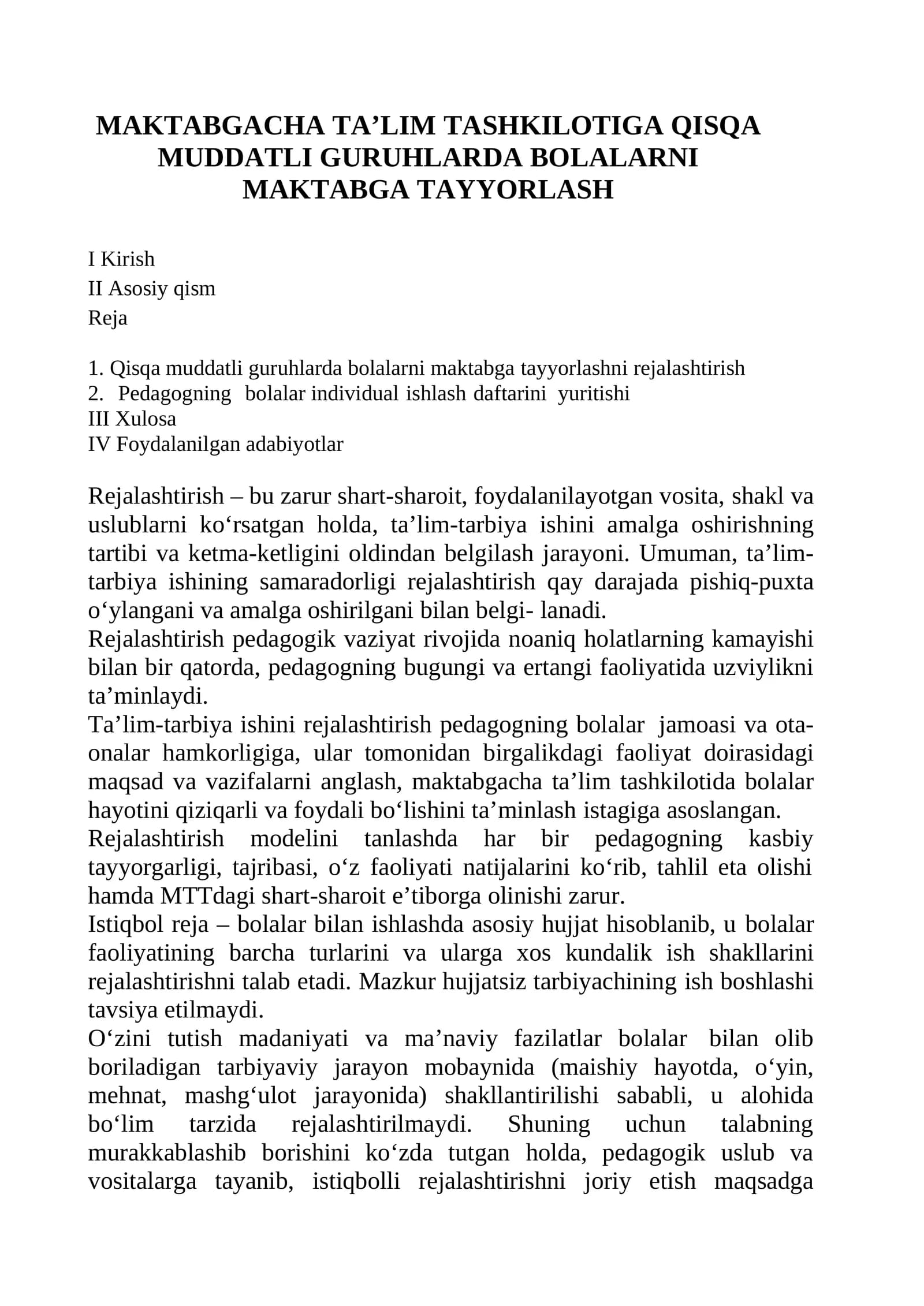 MAKTABGACHA TA’LIM TASHKILOTIGA QISQA MUDDATLI GURUHLARDA BOLALARNI MAKTABGA TAYYORLASH