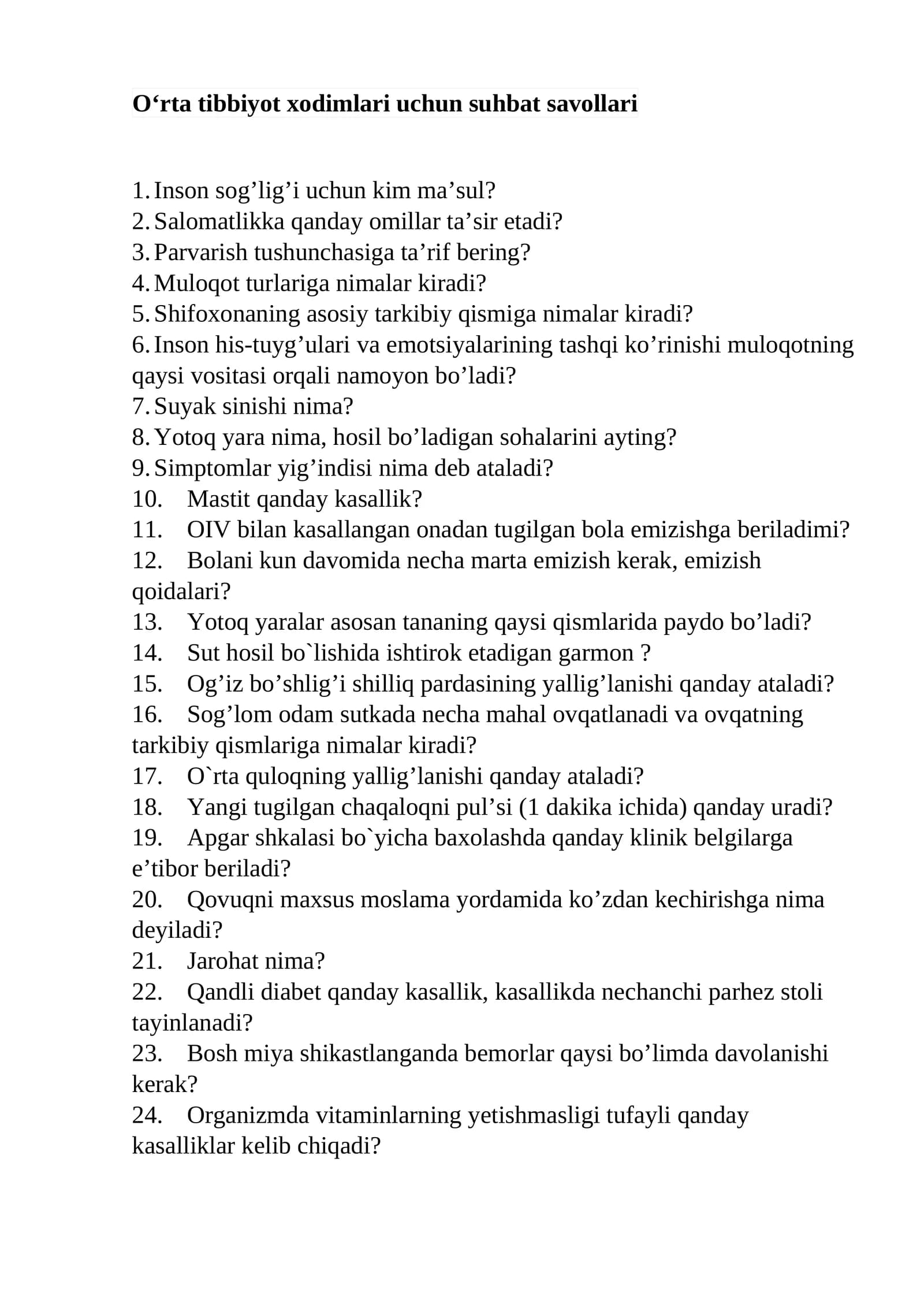 Argos suhbat sog'liqni saqlash (O‘rta tibbiyot xodimlari uchun) suhbat savollari