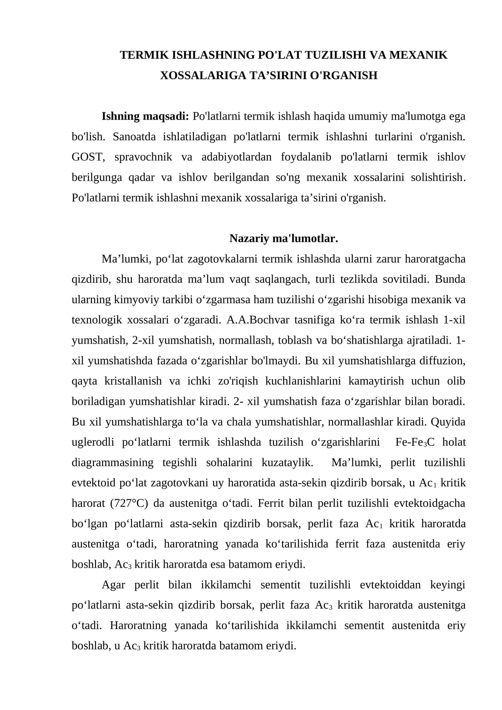 TERMIK ISHLASHNING PO'LAT TUZILISHI VA MEXANIK XOSSALARIGA TA’SIRINI O'RGANISH