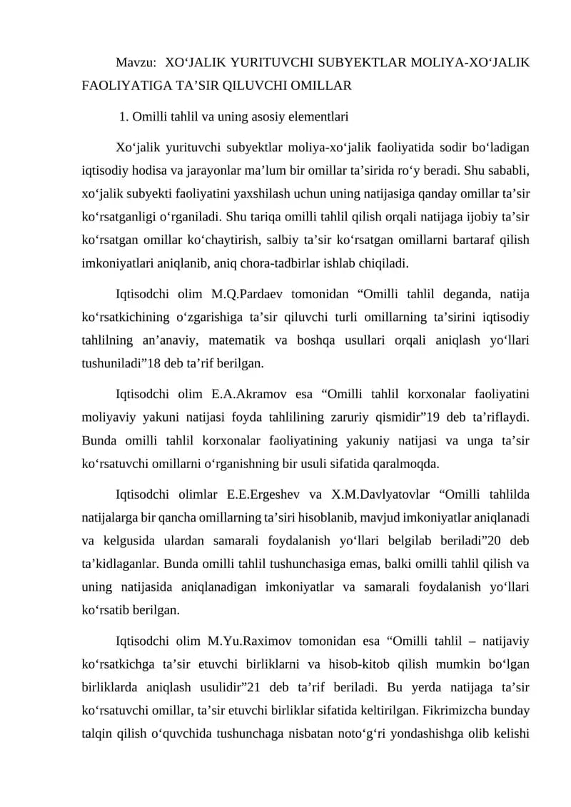 XO‘JALIK YURITUVCHI SUBYEKTLAR MOLIYA-XO‘JALIK FAOLIYATIGA TA’SIR QILUVCHI OMILLAR