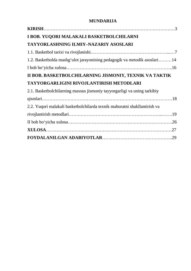 Yuqori malakali basketbolchilarni tayyorlashni o'zig xos xususiyatlari