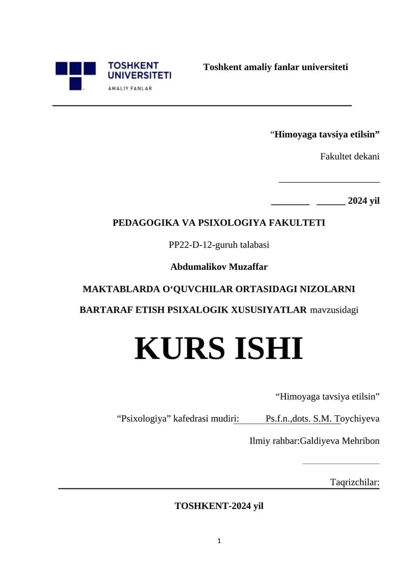 MAKTABLARDA O‘QUVCHILAR ORTASIDAGI NIZOLARNI BARTARAF ETISH PSIXALOGIK XUSUSIYATLAR