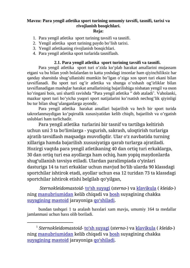 Para yengil atletika sport turining umumiy tavsifi, tasnifi, tarixi va rivojlanish bosqichlari