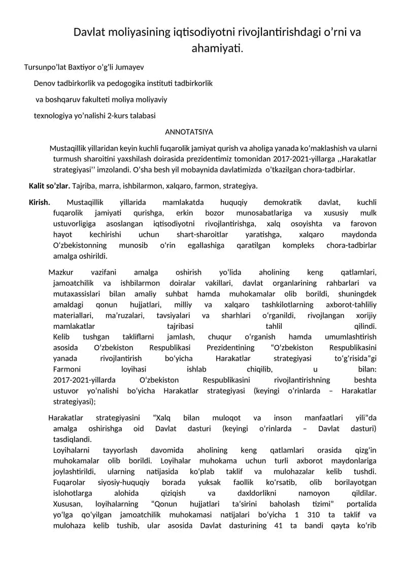 Mavzu: Davlat moliyasining iqtisodiyotni rivojlantirishdagi o’rni va ahamiyati.