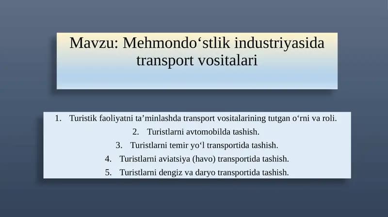 Mehmondo‘stlik industriyasida transport vositalari