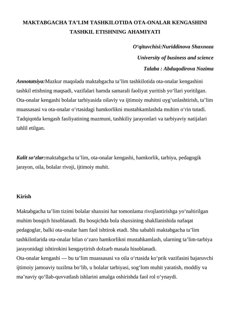 Maktabgacha Ta'lim Tashkilotida Ota-Onalar Kengashini Tashkil Etishning Ahamiyati