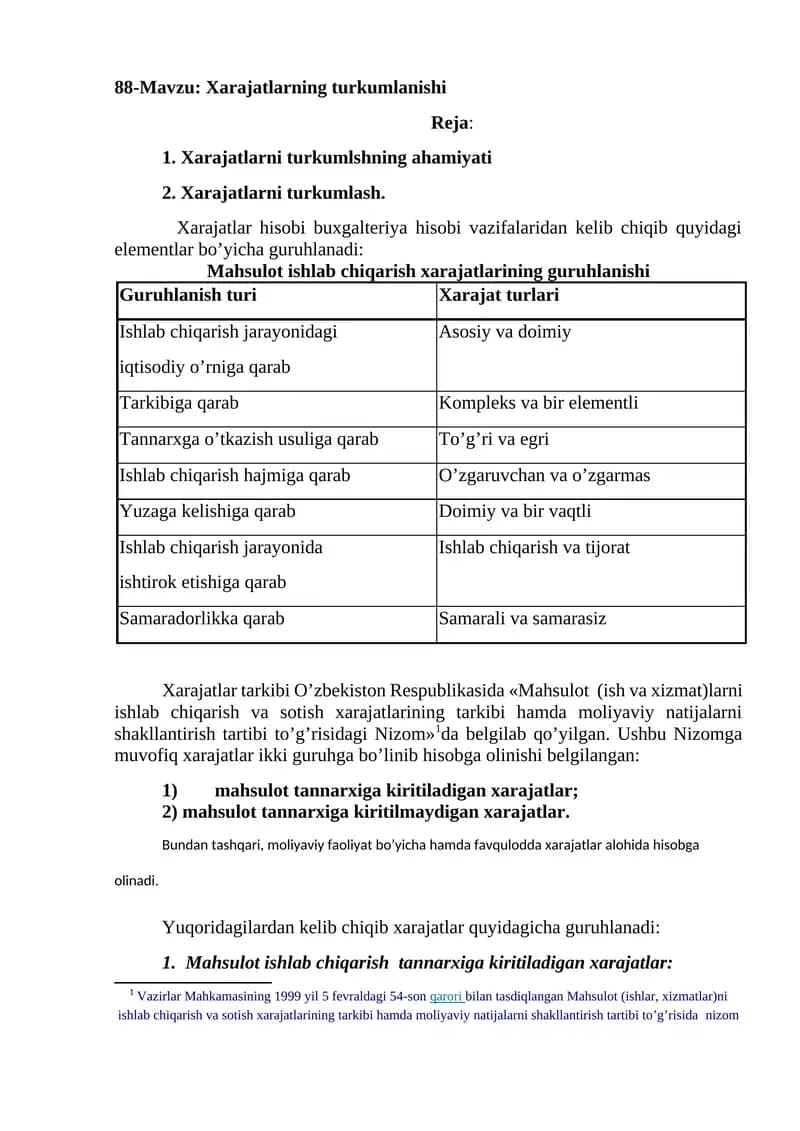Xarajatlarning turkumlanishi