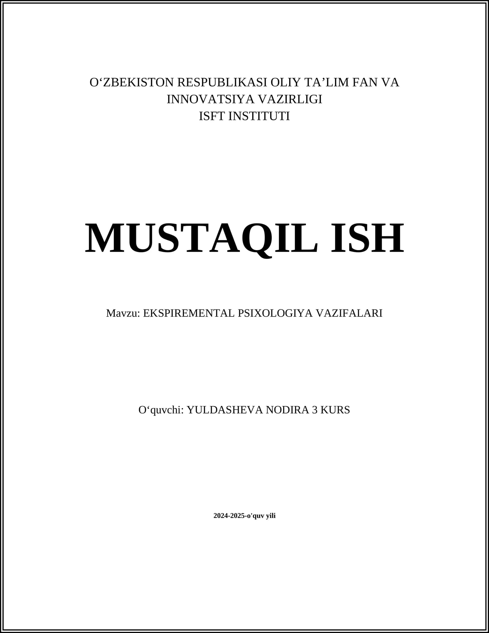EKSPIREMENTAL PSIXOLOGIYA VAZIFALARI
