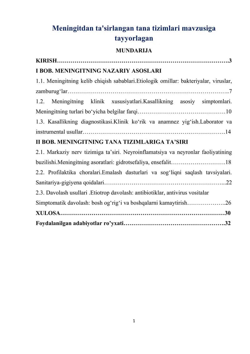Meningitdan ta'sirlangan tana tizimlari mavzusiga tayyorlagan