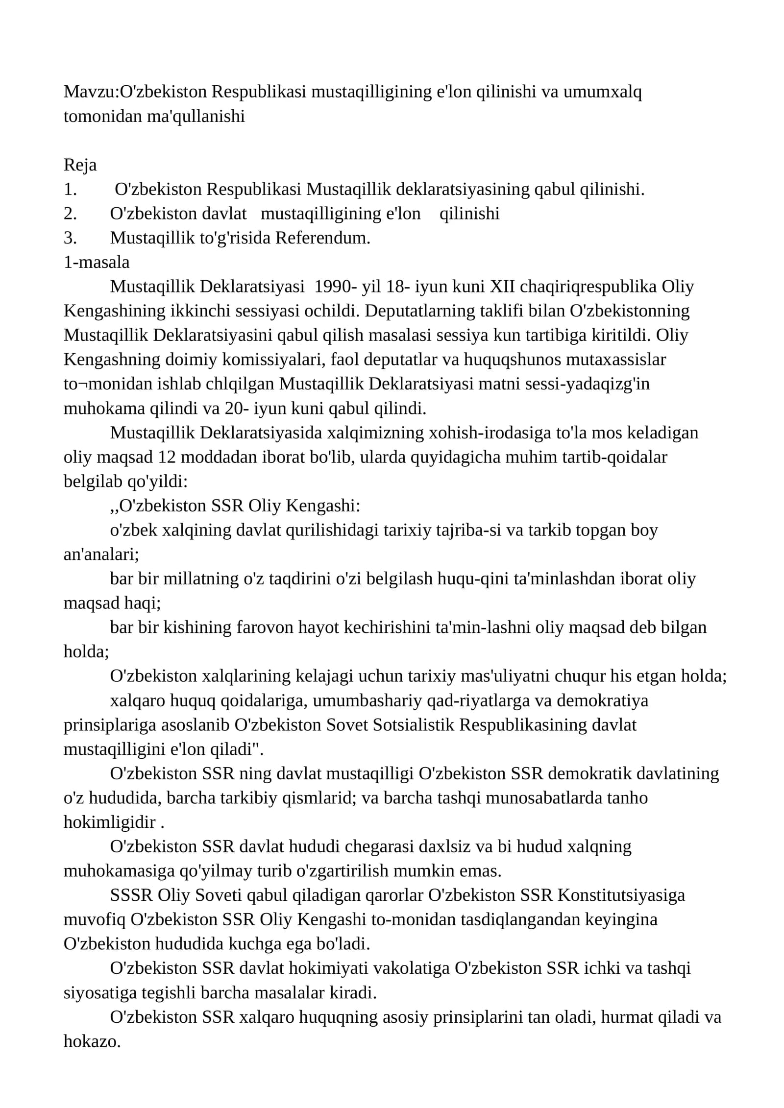 O'zbekiston Respublikasi Mustaqillik Deklaratsiyasi