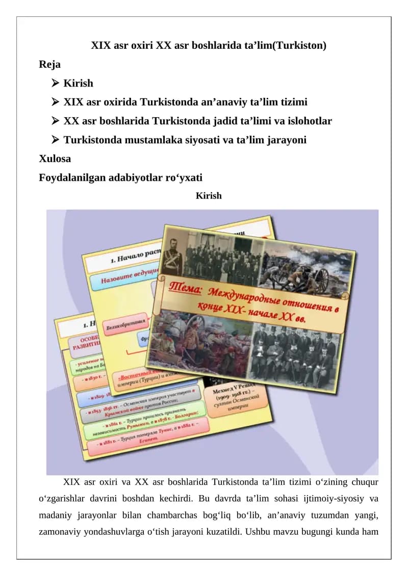 XIX asr oxiri va XX asr boshlarida ta’lim(Turkiston)