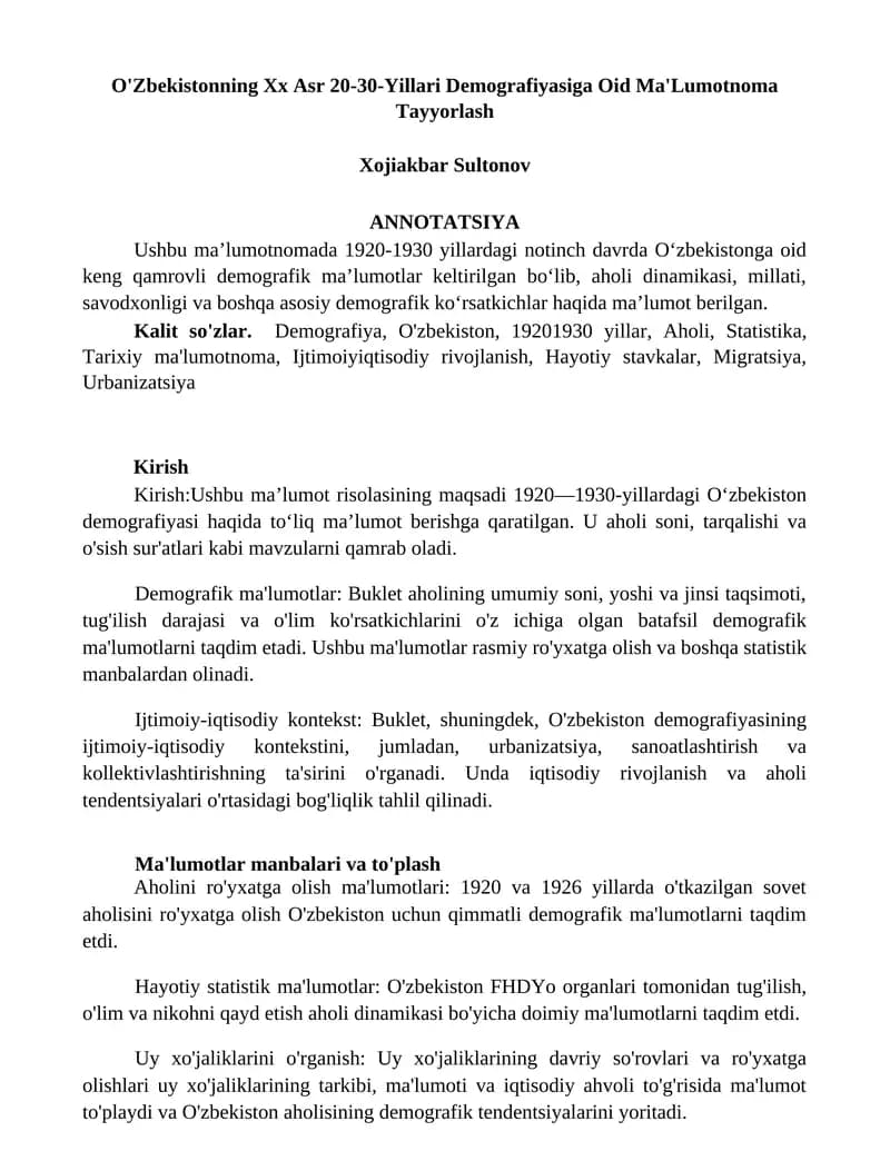 O'Zbekistonning Xx Asr 20-30-Yillari Demografiyasiga Oid Ma'Lumotnoma Tayyorlash