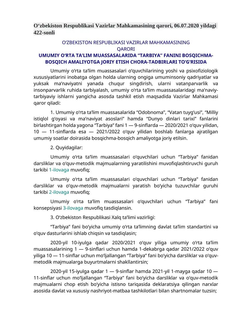 Tarbiya fanini amaliyotga joriy etish chora-tadbirlari
