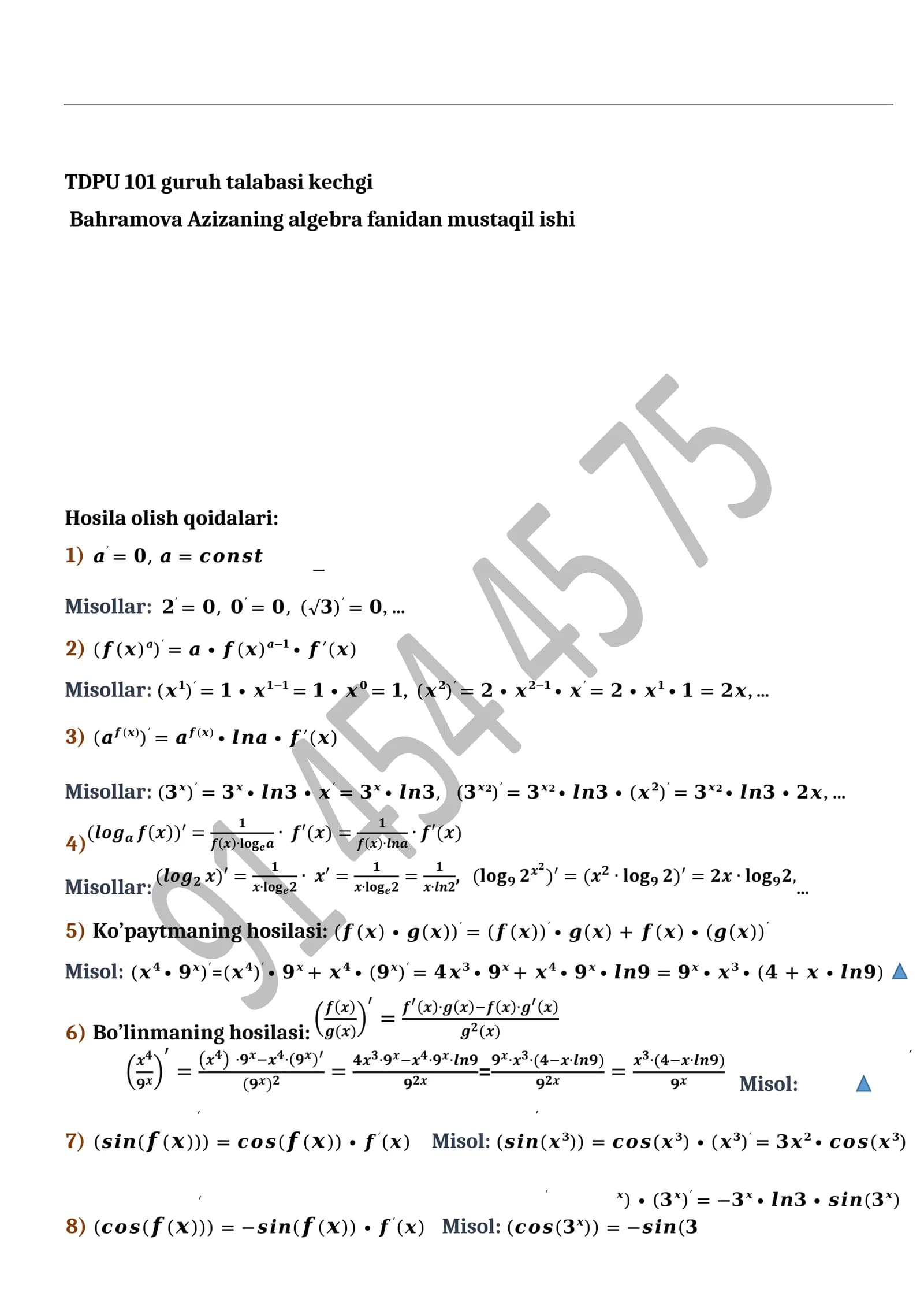 Bahramova Azizaning algebra fanidan mustaqil ishi
