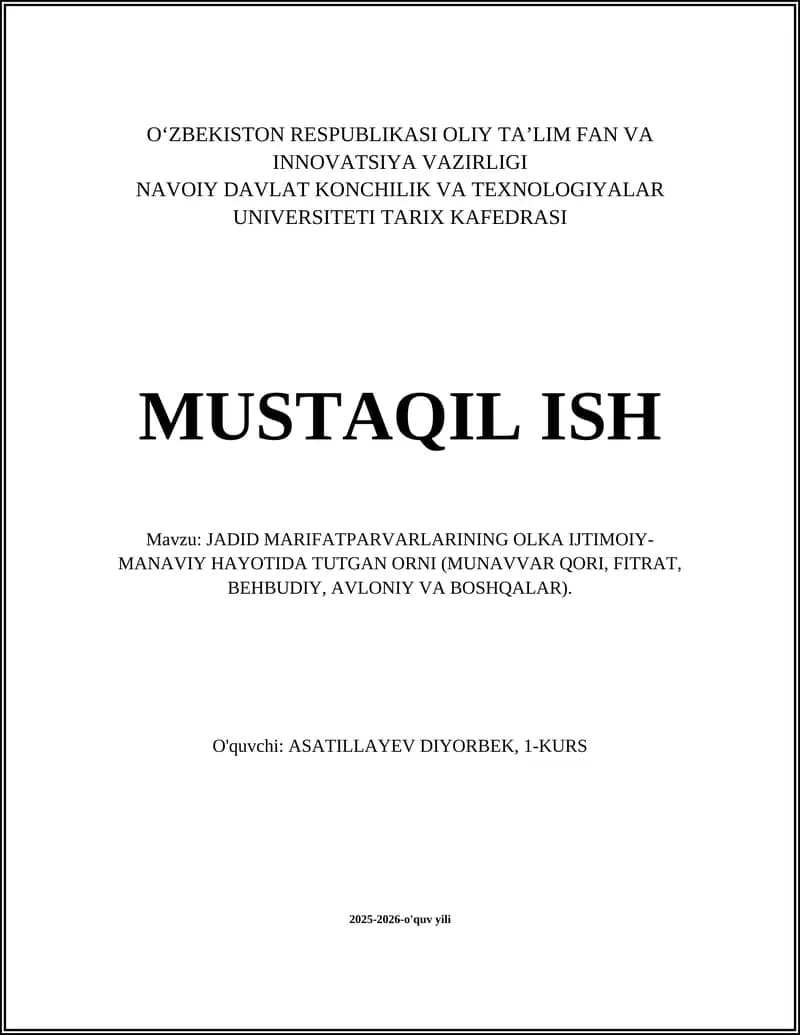 JADID MARIFATPARVARLARINING OLKA IJTIMOIY-MANAVIY HAYOTIDA TUTGAN ORNI