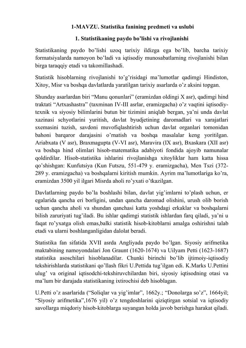 Statistika fanining predmeti va uslubi