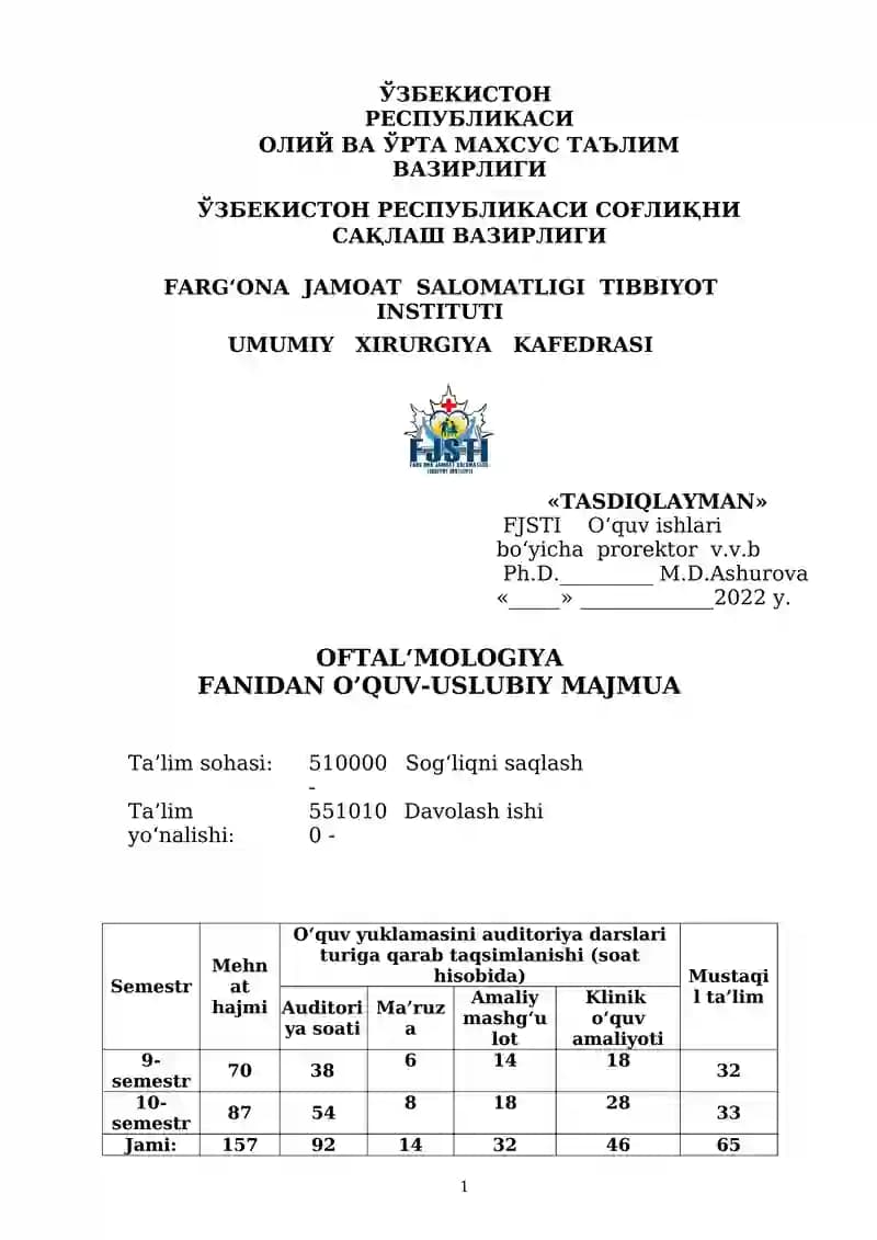Oftalmologiya fanidna o'quv-uslubiy majmua