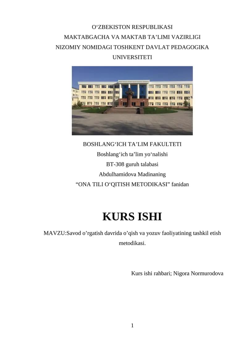 “ONA TILI O‘QITISH METODIKASI” fanidan

KURS ISHI