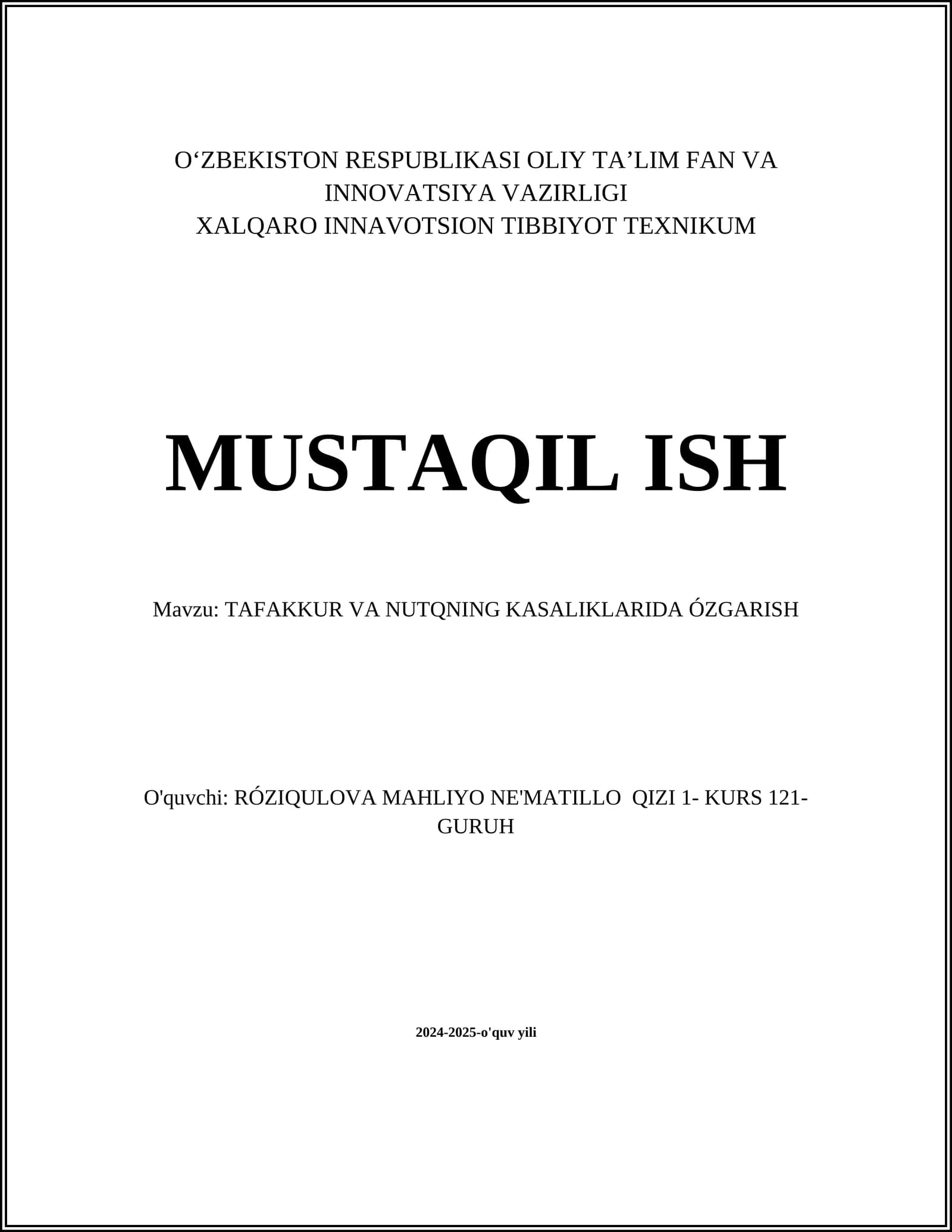 TAFAKKUR VA NUTQNING KASALIKLARIDA ÓZGARISH