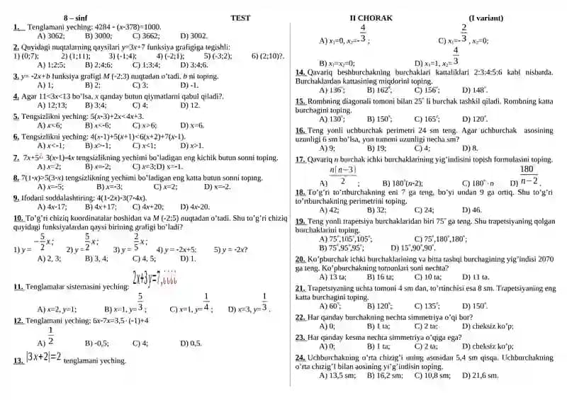 8 – sinf Algebra TEST II CHORAK (2 ta variant)