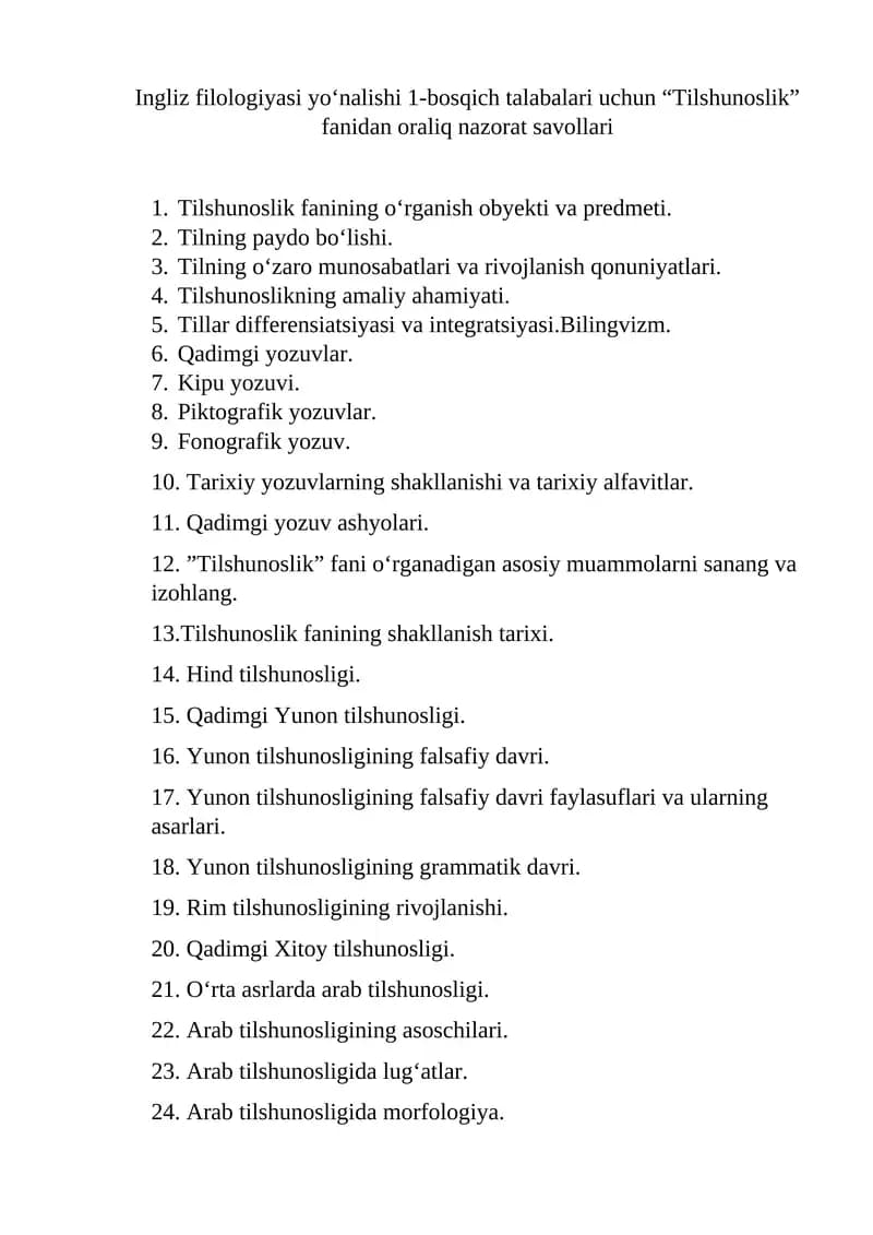 Tilshunoslik fanidan oraliq nazorat savollari