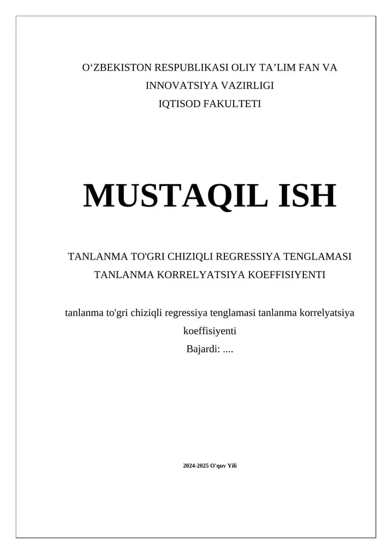 Tanlanma to'gri chiziqli regressiya tenglamasi