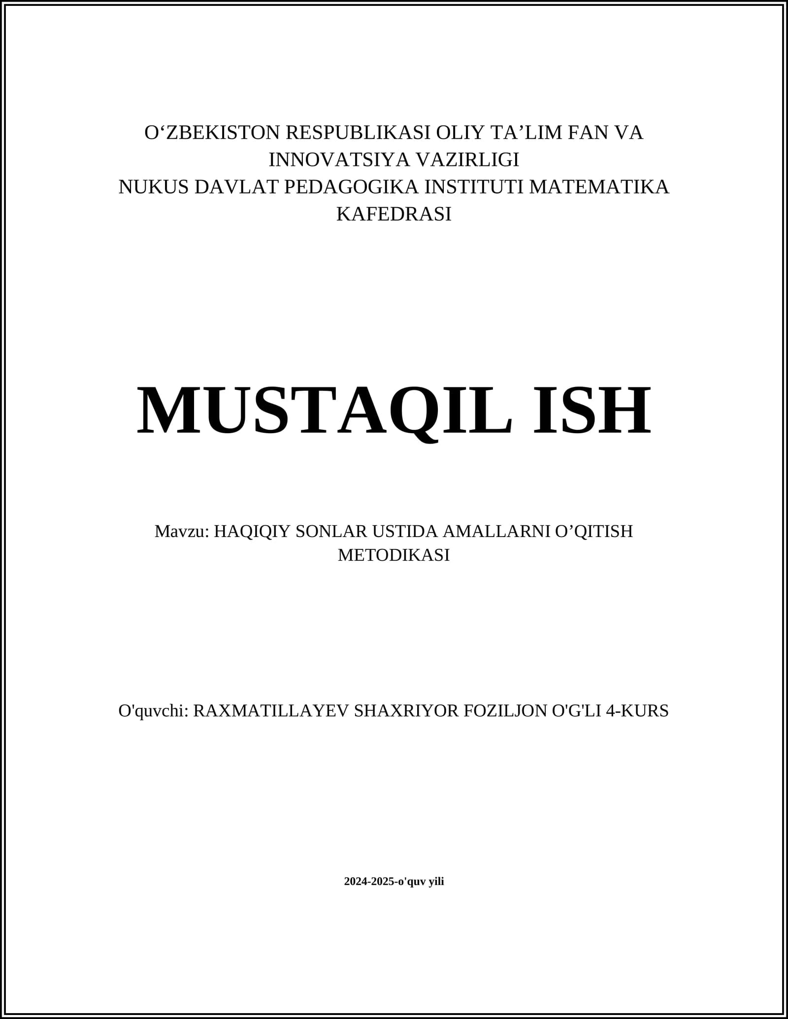 HАQIQIY SONLАR USTIDА АMАLLАRNI O’QITISH MЕTODIKАSI