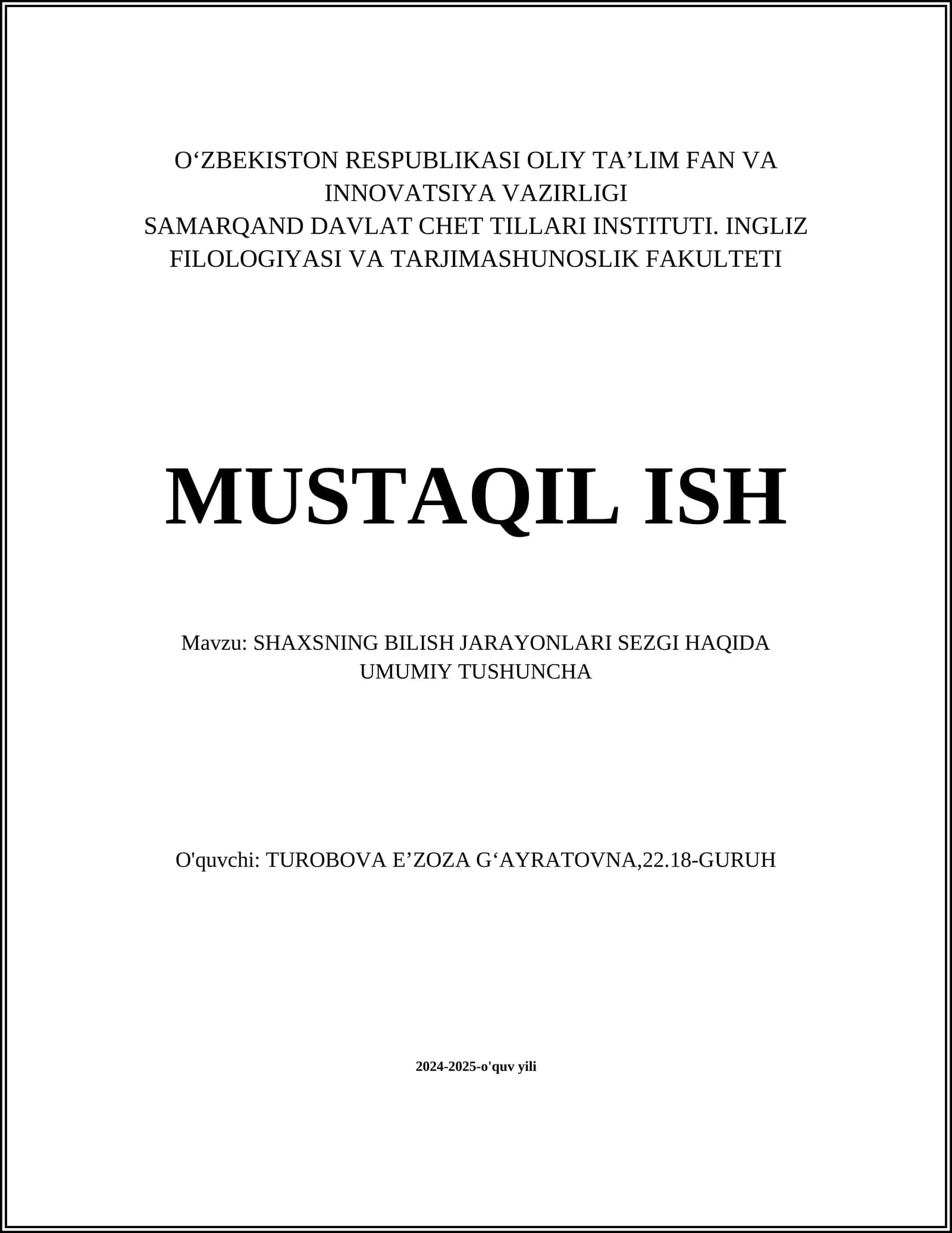 SHAXSNING BILISH JARAYONLARI SEZGI HAQIDA UMUMIY TUSHUNCHA