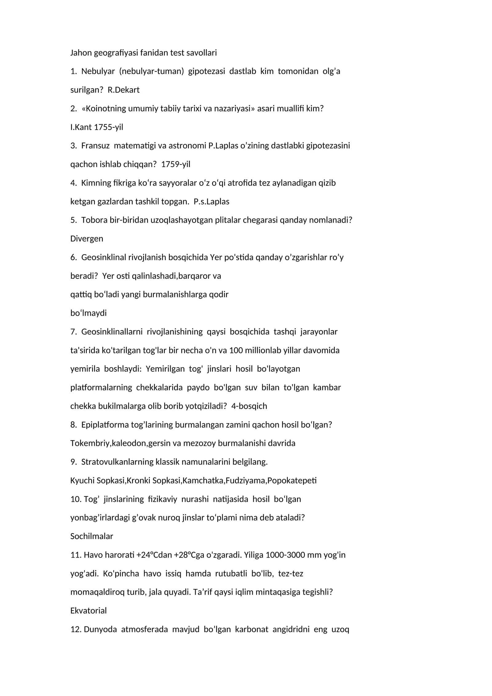 Jahon geografiyasi fanidan test savollari
