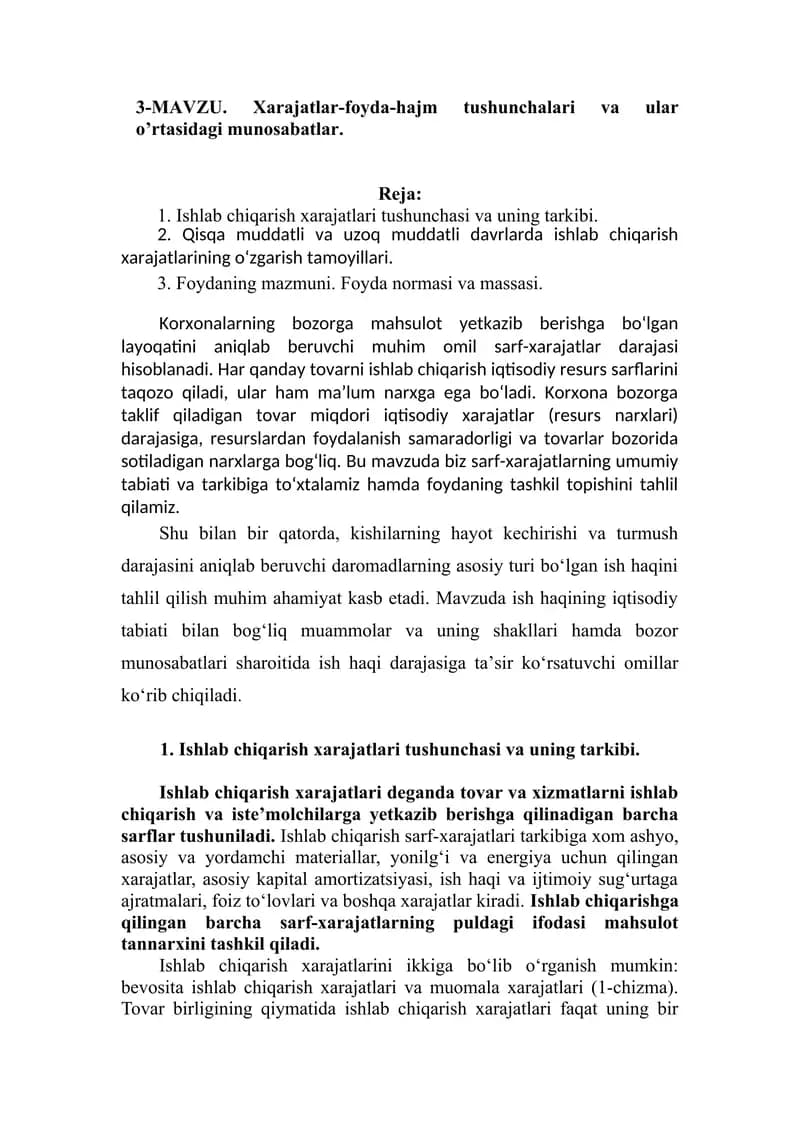 Xarajatlar-foyda-hajm tushunchalari va ular o’rtasidagi munosabatlar