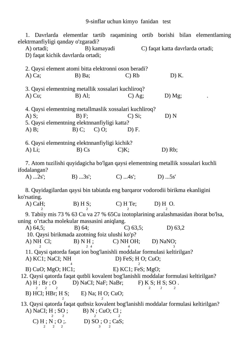 9-sinflar uchun kimyo fanidan test