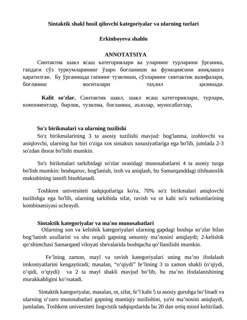 Sintaktik shakl hosil qiluvchi kategoriyalar va ularning turlari