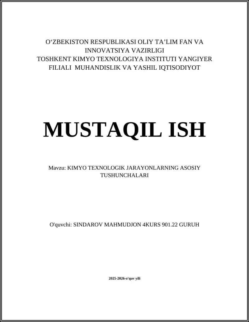 KIMYO TEXNOLOGIK JARAYONLARNING ASOSIY TUSHUNCHALARI