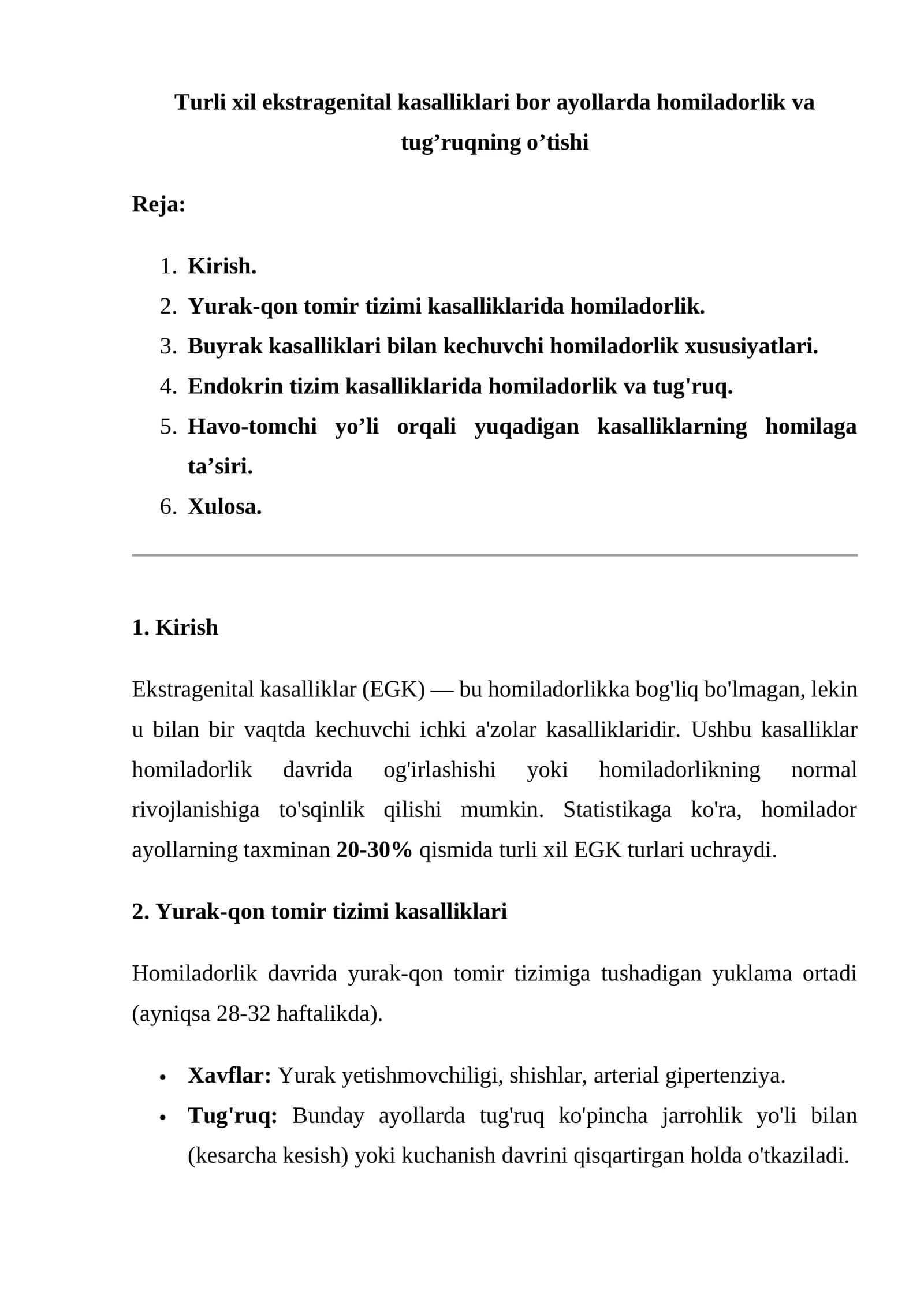 Turli xil ekstragenital kasalliklari bor ayollarda homiladorlik va tug’ruqning o’tishi