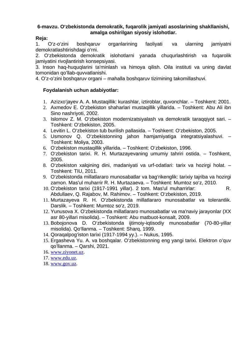 O‘zbekistonda demokratik islohotlar va fuqarolik jamiyatini rivojlantirish