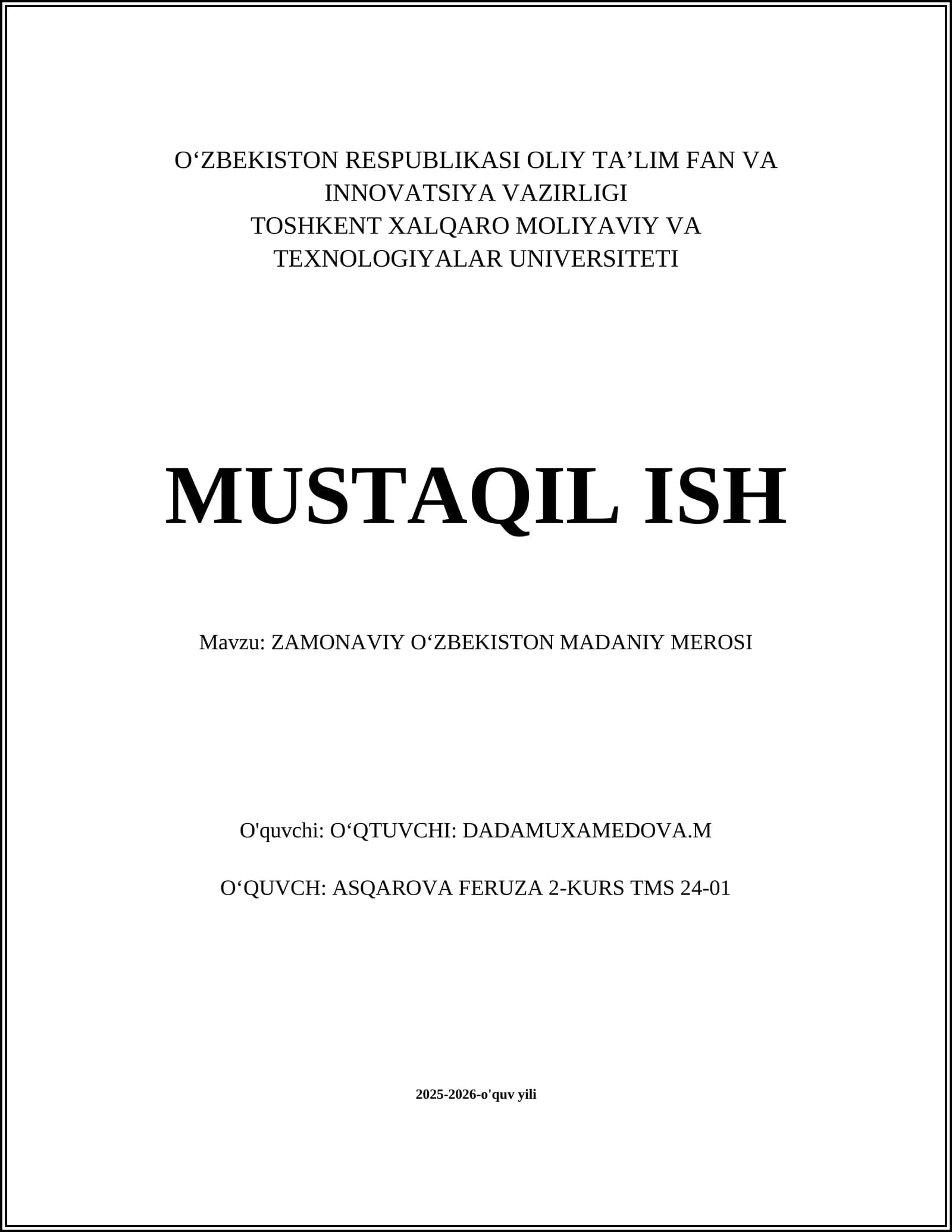 ZAMONAVIY OʻZBEKISTON MADANIY MEROSI