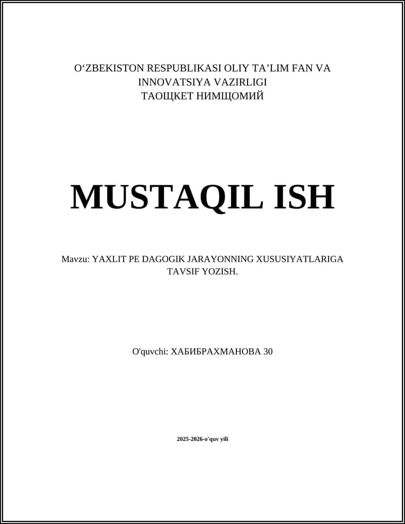 Yaxlit jismoniy tarbiya pedagogik jarayonining xususiyatlariga tavsiy yozish