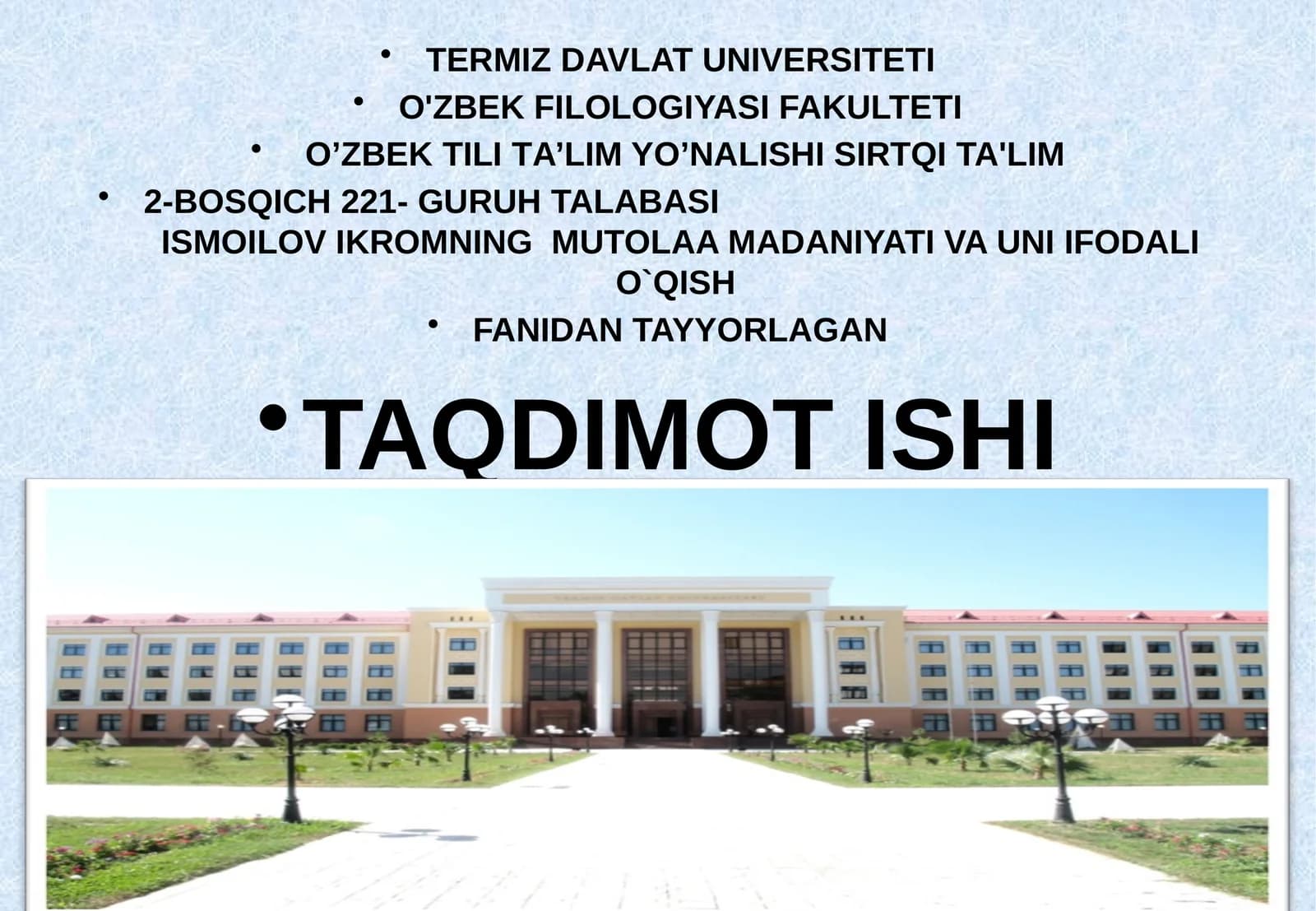 MUTOLAA MADANIYATI VA UNI IFODALI O`QISH FANIDAN TAYYORLAGAN TAQDIMOT ISHI